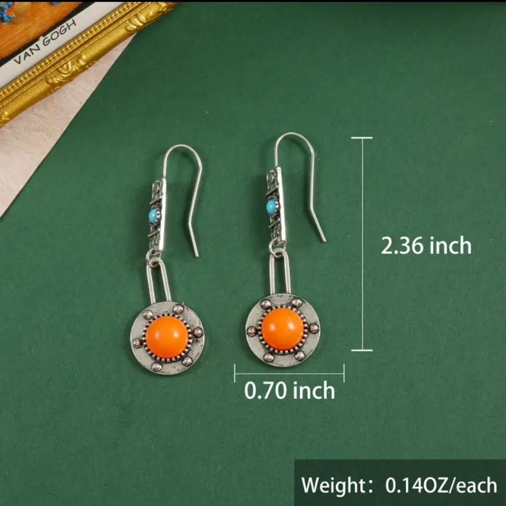 Bohemian Coral Color Drop Earrings Zinc. Vintage Hook Earrings. - Picture 3 of 7